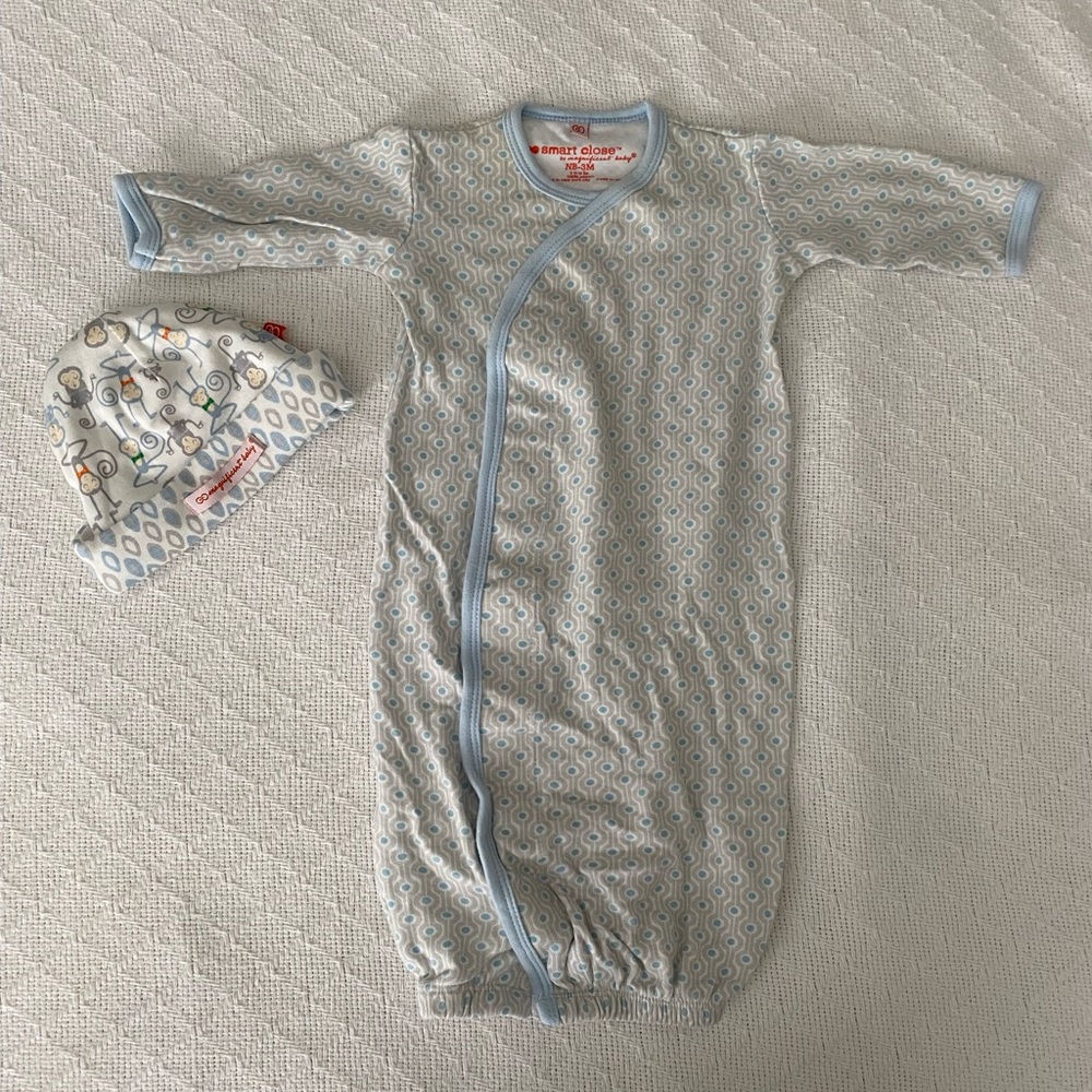 Magnetic Me Blue Grey Print Cotton Gown EUC NB-3 months